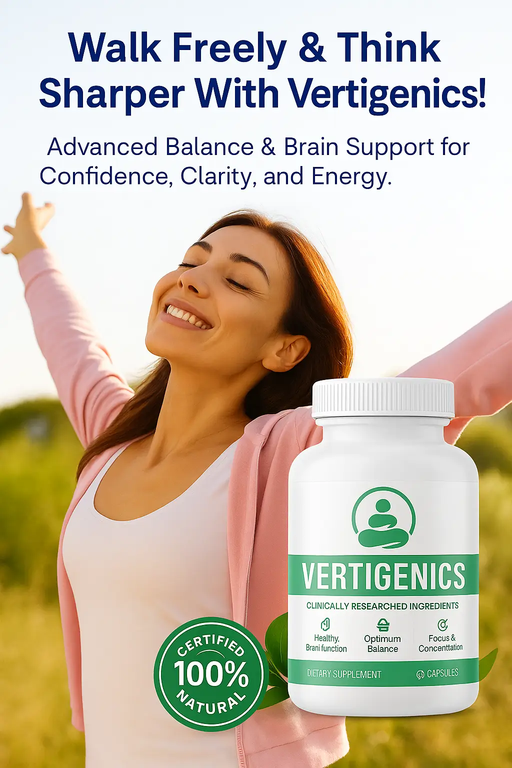 Woman enjoying improved balance and brain clarity with Vertigenics supplement